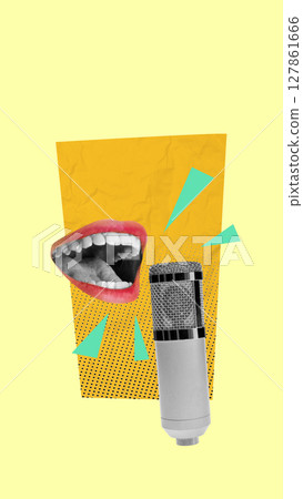 Human mouth talking on a microphone on a colored background. Collage art Human mouth talking on a microphone on a colored background. Collage art 127861666