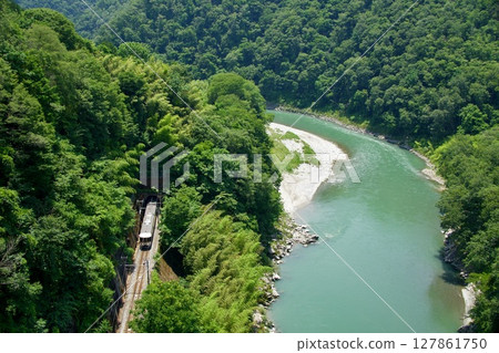 Limited Express Inaji (373 series) running along the Tenryu River with its fresh greenery Limited Express Inaji (373 series) running along the Tenryu River with its fresh greenery 127861750