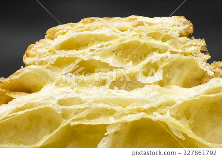 Closeup view slice of freshly baked croissant with a black background 127861792