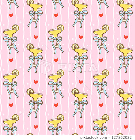 Coquette girly lemon cocktails seamless pattern with blue ribbon bow in hand drawn whimsical on stripe background for fabric, digital paper and summer decor Coquette girly lemon cocktails seamless pattern with blue ribbon bow in hand drawn whimsical on stripe background for fabric, digital paper and summer decor 127862022