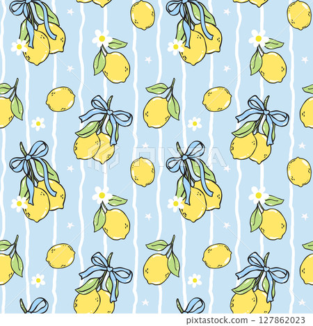 Coquette girly lemons seamless pattern with blue ribbon bow in hand drawn on stripe background for summer kitchen decor or digital fabric paper 127862023