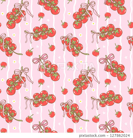 Coquette girly tomato bunch seamless pattern with ribbon bow in hand drawn for summer kitchen fabric, digital paper and foodie aesthetic decor 127862024