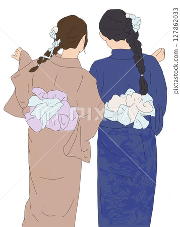 Back view of two girls with braids wearing yukata 127862033