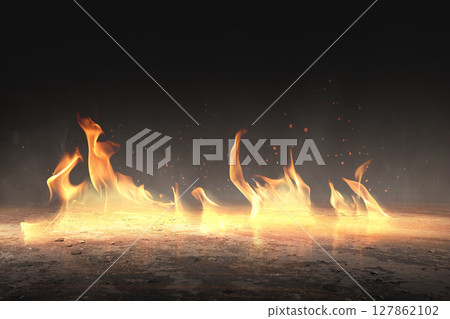 Burning fire on the warland. Inferno landscape, apocalyptic explosion illuminating barren, scorched land. Apocalyptic world war bomb blast 127862102