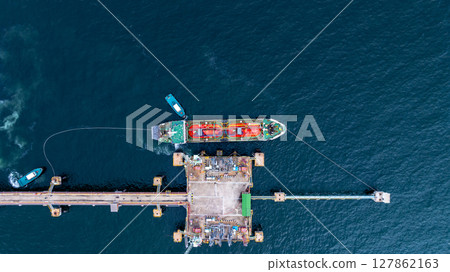 Aerial view LPG gas tanker ship on deep blue sea, Global business freight shipping import export logistic transportation oil and gas product tanker ship, Liquefied Petroleum Gas LPG tanker ship in sea 127862163