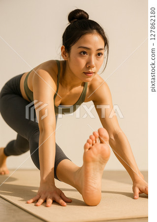 專注練習瑜珈的女士。健康與美麗的象徵。 專注練習瑜珈的女士。健康與美麗的象徵。 127862180