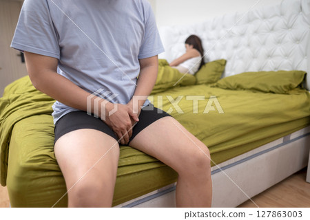 Man disappointed himself because of premature ejaculation and erectile problems. The man lost confidence with an unhappy and unsatisfied wife 127863003