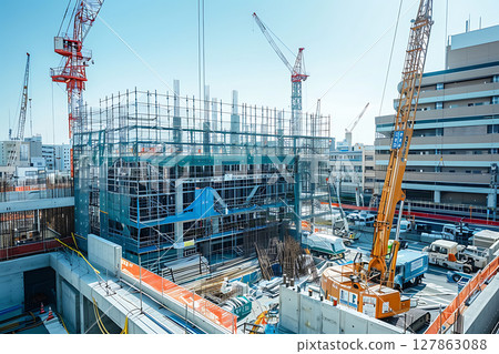 A complex under construction on the former factory site, with cranes lined up at the vast site 127863088