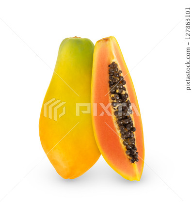 Whole ripe papaya fruit and half with seeds isolated with clipping path. Isolated papaya Whole ripe papaya fruit and half with seeds isolated with clipping path. Isolated papaya 127863101