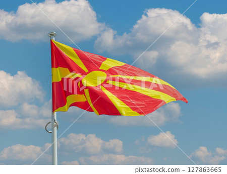 North Macedonian flag on pole 127863665