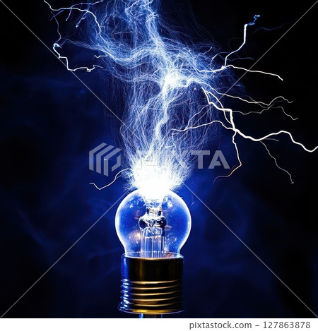 Lightbulb emitting electrical sparks in dark space Lightbulb emitting electrical sparks in dark space 127863878
