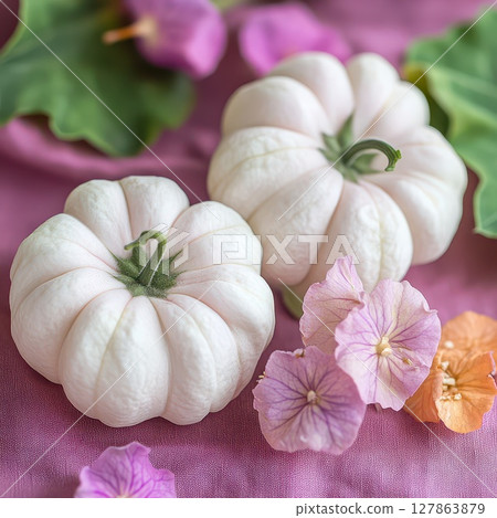 White pumpkins and flowers on pink White pumpkins and flowers on pink 127863879
