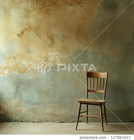 Wooden chair against peeling wall in empty space 127863921