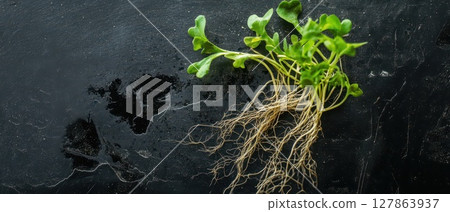 Fresh green plant with roots on a black surface 127863937