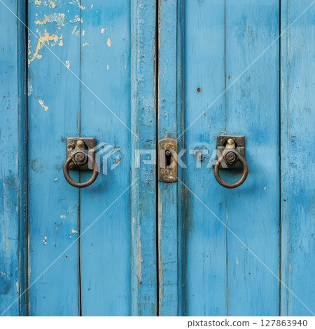 Blue wooden doors with rusted hardware and a lock 127863940