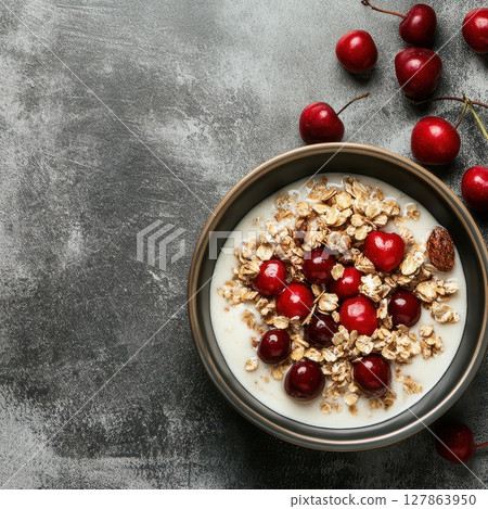 Healthy bowl of yogurt with granola and cherries Healthy bowl of yogurt with granola and cherries 127863950