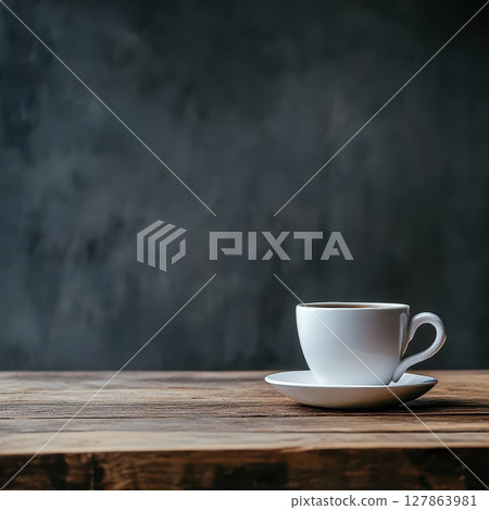 Simple white cup on wooden table in dark setting Simple white cup on wooden table in dark setting 127863981