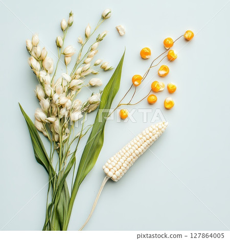 Floral and corn arrangement on pastel 127864005