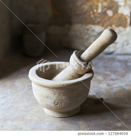 Traditional mortar and pestle on rustic surface 127864039