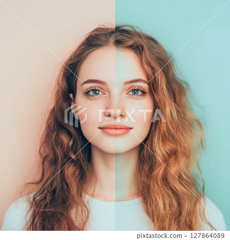 Young woman with bold background colors Young woman with bold background colors 127864089