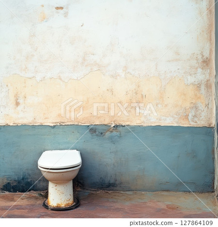 Old toilet by a weathered wall 127864109