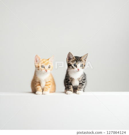 Two cute kittens sitting on a ledge indoors 127864124