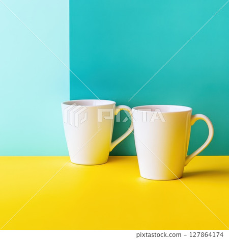 Two white mugs on a colorful table setting 127864174