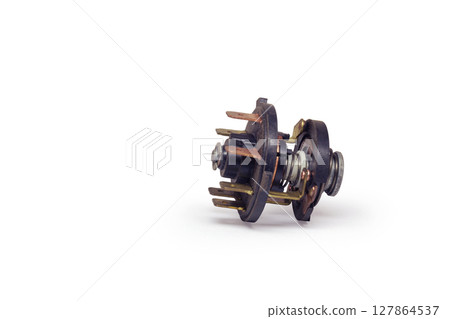 key operated ignition starter switch, internal structure. terminals, spring withoun housing. on white background, with clipping path 127864537