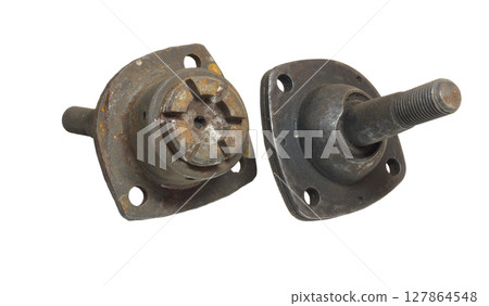 ball joints of car front suspension, spare part with self-made lid for maintenance on one of them. isolated on white background 127864548