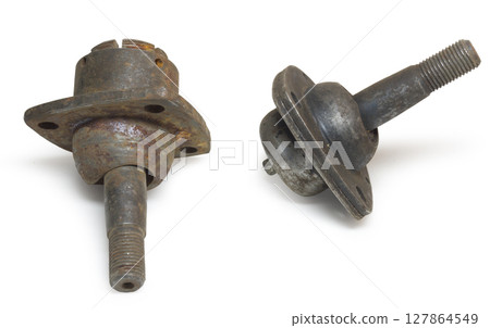 ball joints of front double wishbone suspension, spare part with self-made lid for service on one of them. on white background, with clipping path 127864549