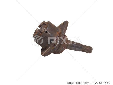 ball joint, upper, with screw service lid. old and rusty spare part, isolated on white background ball joint, upper, with screw service lid. old and rusty spare part, isolated on white background 127864550