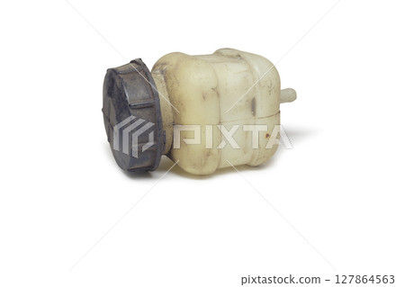 clutch fluid reservoir, pale white, gray cap, on white background, with clipping path clutch fluid reservoir, pale white, gray cap, on white background, with clipping path 127864563