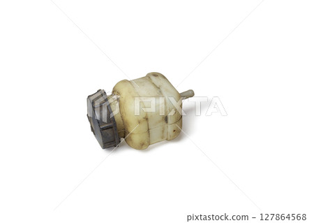 clutch fluid tank, pale white, gray cap, on white background, with clipping path clutch fluid tank, pale white, gray cap, on white background, with clipping path 127864568