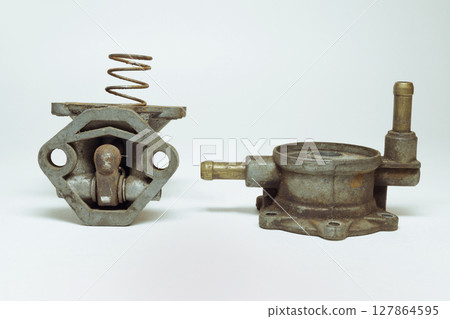 fuel pump for carburetor car, disassembled, shown upper and lower parts of housing fuel pump for carburetor car, disassembled, shown upper and lower parts of housing 127864595