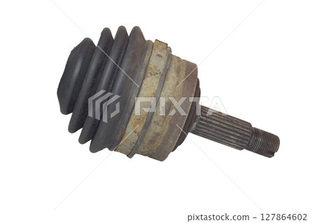 CV joint, worn out, rubber boot, compressed by metal bend, ribbed metal axle shaft. isolated on white background 127864602