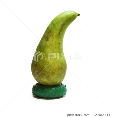 pear conference on a base, beautifully curved, with short stalk, green peel with many gray-brown spots. closeup. isolated on white background pear conference on a base, beautifully curved, with short stalk, green peel with many gray-brown spots. closeup. isolated on white background 127864611