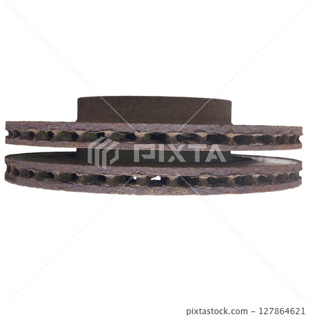 brake rotors. pair of replaceable parts of car's brake system. isolated on white background brake rotors. pair of replaceable parts of car's brake system. isolated on white background 127864621