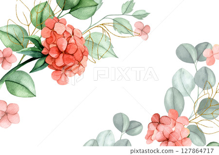 delicate frame of pink flowers and eucalyptus leaves with golden elements. watercolor illustration. design for invitation, wedding 127864717