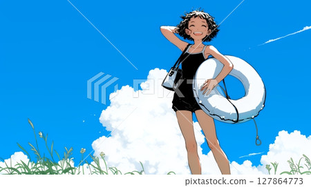 Summer vacation memories: Going to the beach with friends (simple colors) 127864773