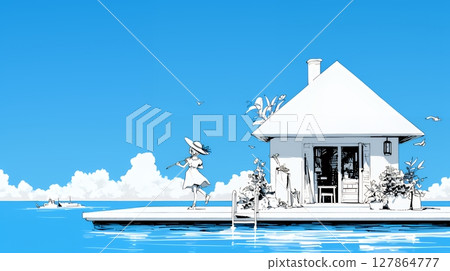 Summer vacation memories: Staying at the beach house (simple colors) 127864777