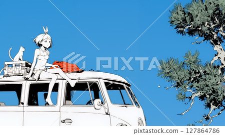 暑假回憶：和朋友一起坐大眾巴士去海邊（簡單顏色） 127864786