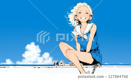 Summer vacation memories: A solo trip to a seaside town (simple colors) 127864788