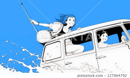 Summer vacation memories: With friends - Waterfording (driving along the water) (simple colors) 127864792