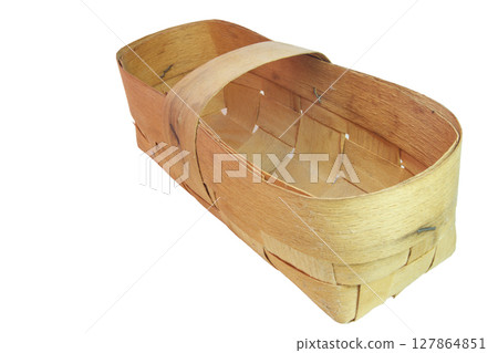 woven basket with handle, made of natural veneer. handmade, light hardwood. isolated on white background woven basket with handle, made of natural veneer. handmade, light hardwood. isolated on white background 127864851