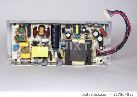 switch mode power supply internal unit of LCD TV, printed circuit board with electronic components and microcircuits switch mode power supply internal unit of LCD TV, printed circuit board with electronic components and microcircuits 127864852