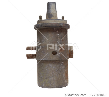 conventional ignition coil, dusty, dismantlet for replacing, in mounting clamp, isolated on white background, with clipping path 127864860
