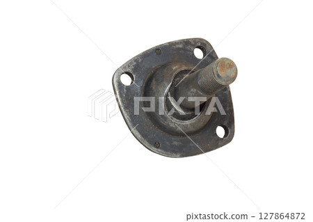 car ball joint: spherical bearing in socket with three eye holes for bolts, screw thread to joint automotive control arms. old one, isolated on white background 127864872