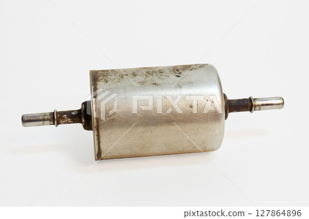 fuel filter for automotive, metal, with universal fittings to contact fuel line flex hoses. on white background, with clipping path fuel filter for automotive, metal, with universal fittings to contact fuel line flex hoses. on white background, with clipping path 127864896