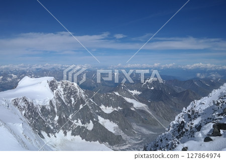 Tranquil Lake With Lush Green Forest, Snow-Capped Mountain, Blue Sky And White Clouds Tranquil Lake With Lush Green Forest, Snow-Capped Mountain, Blue Sky And White Clouds 127864974