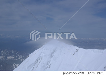 Tranquil Lake With Lush Green Forest, Snow-Capped Mountain, Blue Sky And White Clouds 127864975
